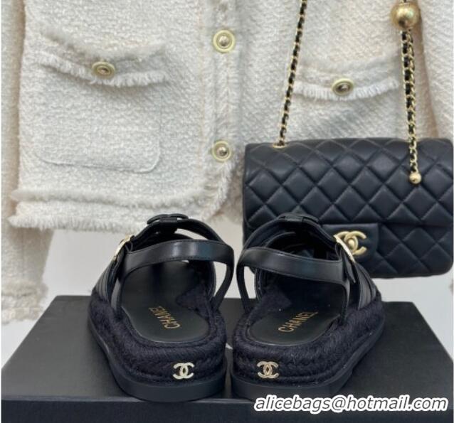 Good Product Chanel Lambskin Strap Flat Sandals Black 126115