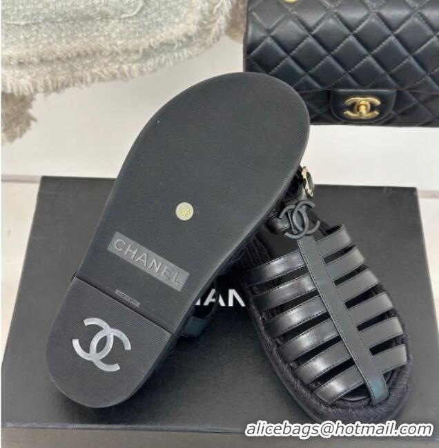 Good Product Chanel Lambskin Strap Flat Sandals Black 126115