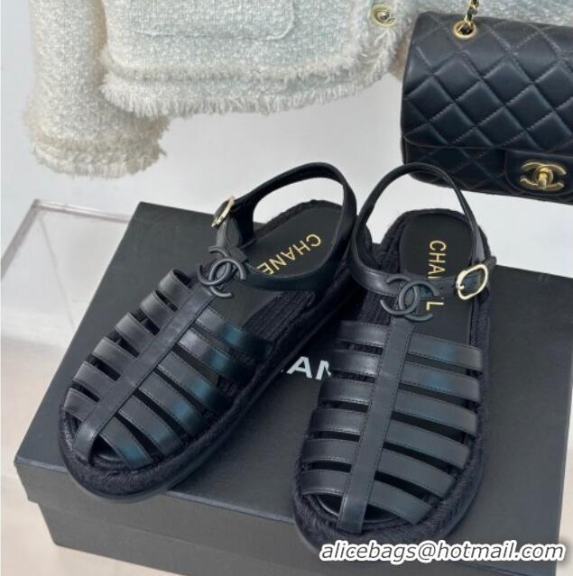 Good Product Chanel Lambskin Strap Flat Sandals Black 126115