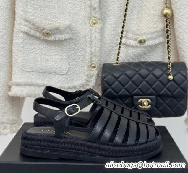 Good Product Chanel Lambskin Strap Flat Sandals Black 126115