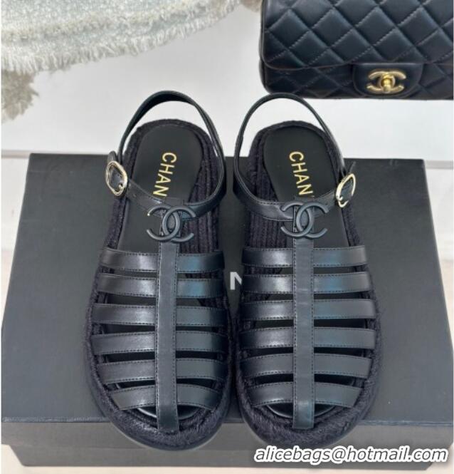 Good Product Chanel Lambskin Strap Flat Sandals Black 126115