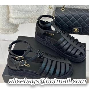 Pretty Style Chanel Lambskin Flat Sandals with Double Ankle Strap Black 0126118