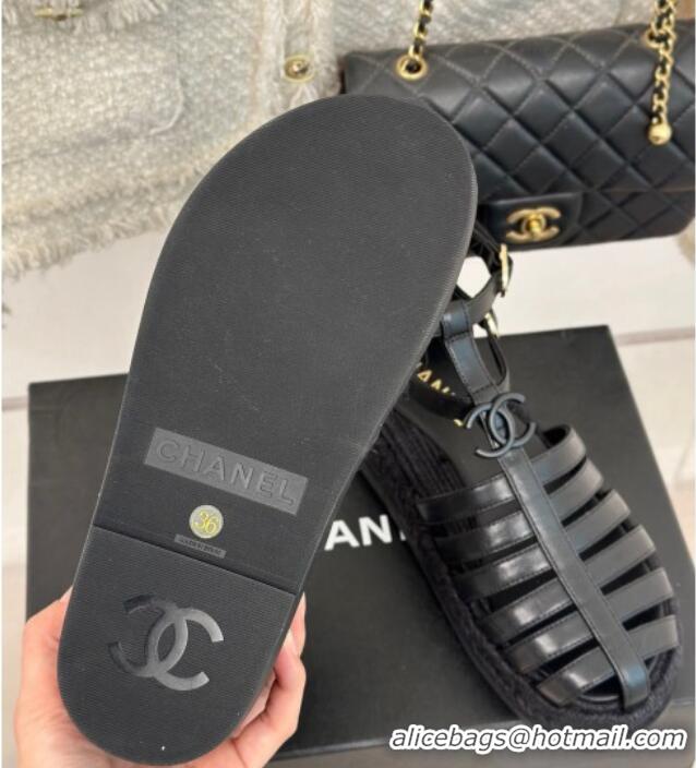 Pretty Style Chanel Lambskin Flat Sandals with Double Ankle Strap Black 0126118