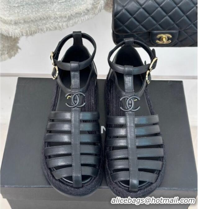 Pretty Style Chanel Lambskin Flat Sandals with Double Ankle Strap Black 0126118