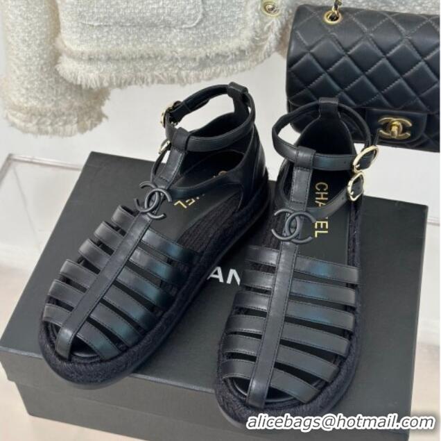 Pretty Style Chanel Lambskin Flat Sandals with Double Ankle Strap Black 0126118