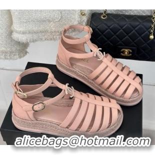 Low Cost Chanel Lambskin Flat Sandals with Double Ankle Strap Pink 126119