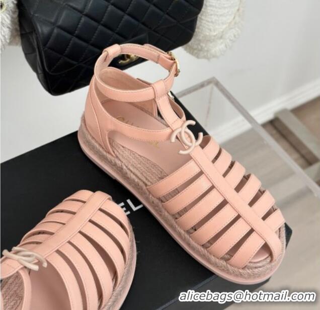 Low Cost Chanel Lambskin Flat Sandals with Double Ankle Strap Pink 126119