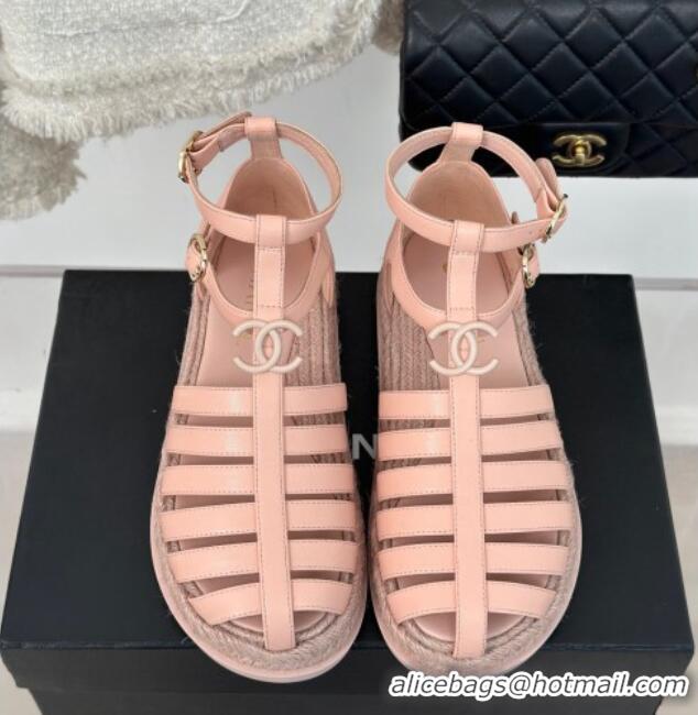 Low Cost Chanel Lambskin Flat Sandals with Double Ankle Strap Pink 126119