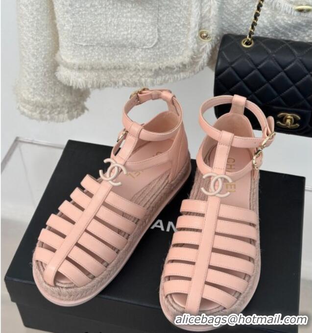 Low Cost Chanel Lambskin Flat Sandals with Double Ankle Strap Pink 126119