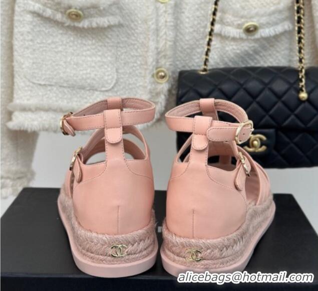 Low Cost Chanel Lambskin Flat Sandals with Double Ankle Strap Pink 126119