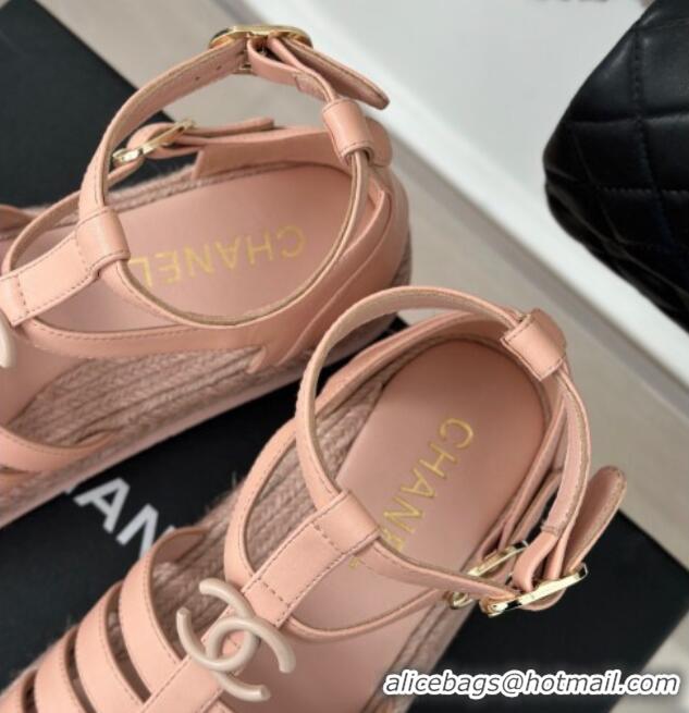 Low Cost Chanel Lambskin Flat Sandals with Double Ankle Strap Pink 126119