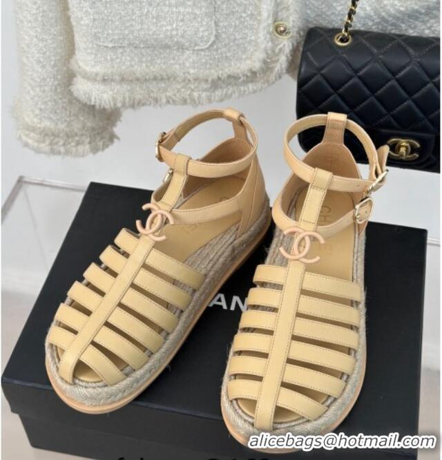 Top Grade Chanel Lambskin Flat Sandals with Double Ankle Strap Beige 0126120