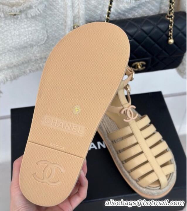 Top Grade Chanel Lambskin Flat Sandals with Double Ankle Strap Beige 0126120