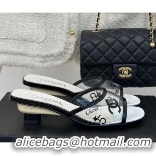 Unique Style Chanel Logo Printed PVC Heel Slide Sandals White 0126122