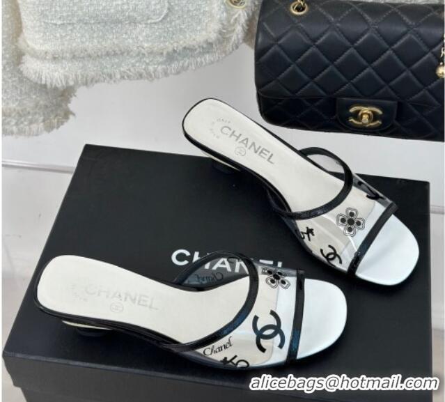 Unique Style Chanel Logo Printed PVC Heel Slide Sandals White 0126122