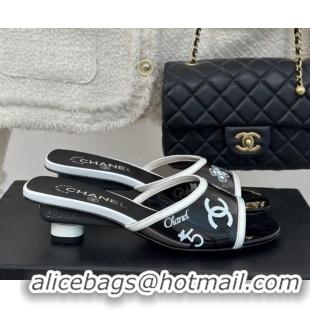 Best Grade Chanel Logo Printed PVC Heel Slide Sandals Black 126123