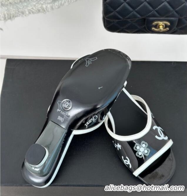 Best Grade Chanel Logo Printed PVC Heel Slide Sandals Black 126123