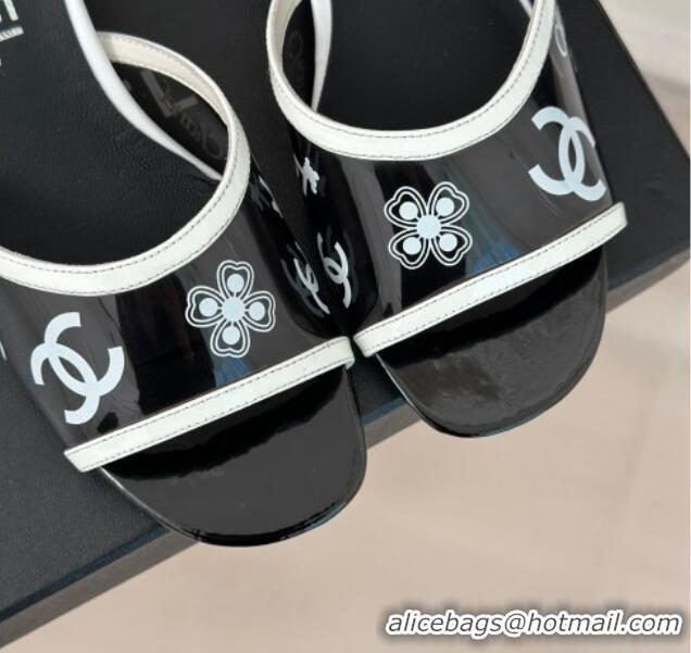 Best Grade Chanel Logo Printed PVC Heel Slide Sandals Black 126123