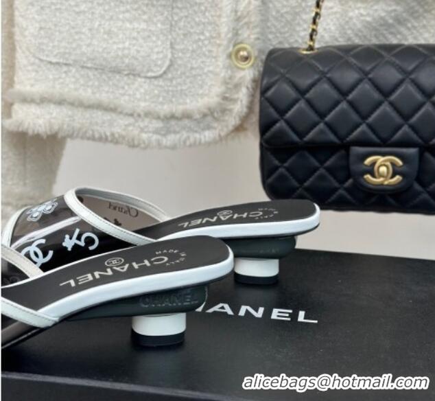 Best Grade Chanel Logo Printed PVC Heel Slide Sandals Black 126123