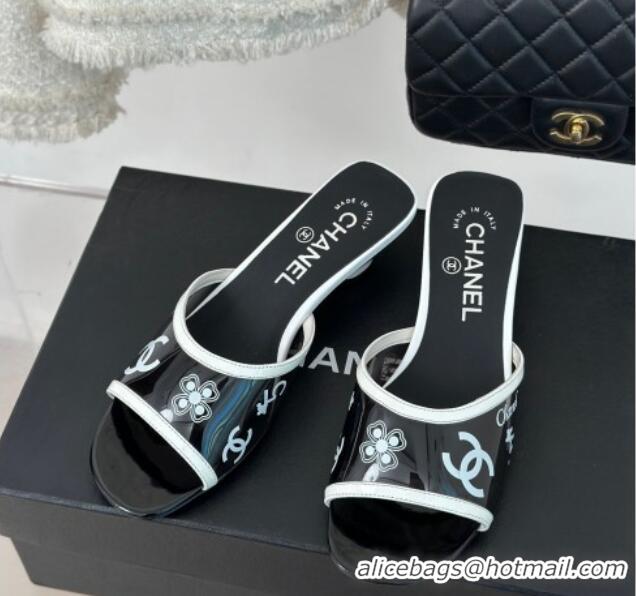 Best Grade Chanel Logo Printed PVC Heel Slide Sandals Black 126123