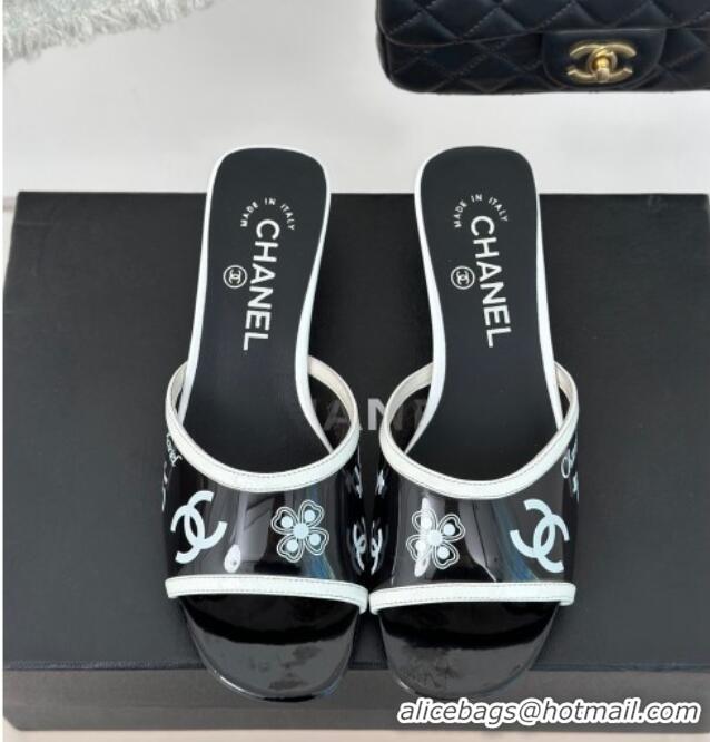 Best Grade Chanel Logo Printed PVC Heel Slide Sandals Black 126123