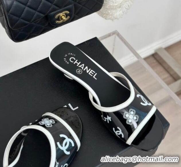 Best Grade Chanel Logo Printed PVC Heel Slide Sandals Black 126123