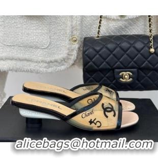 Most Popular Chanel Logo Printed PVC Heel Slide Sandals Beige 126124