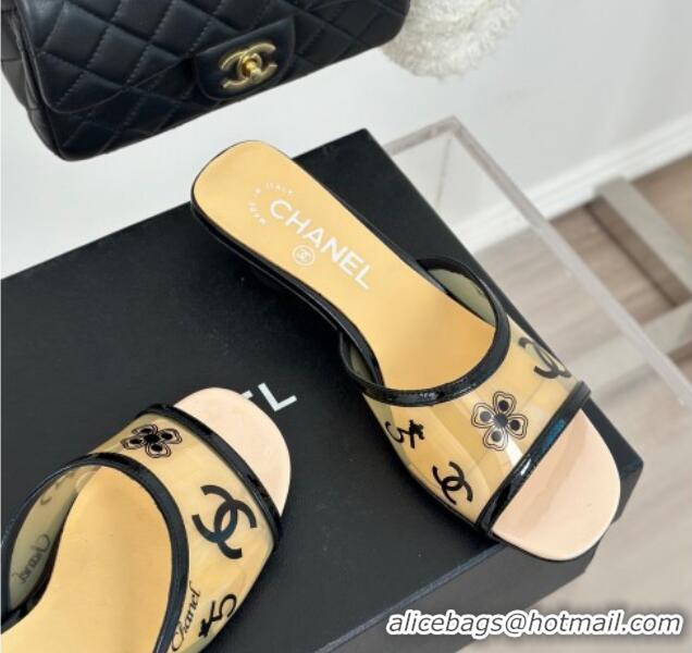 Most Popular Chanel Logo Printed PVC Heel Slide Sandals Beige 126124