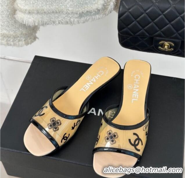 Most Popular Chanel Logo Printed PVC Heel Slide Sandals Beige 126124