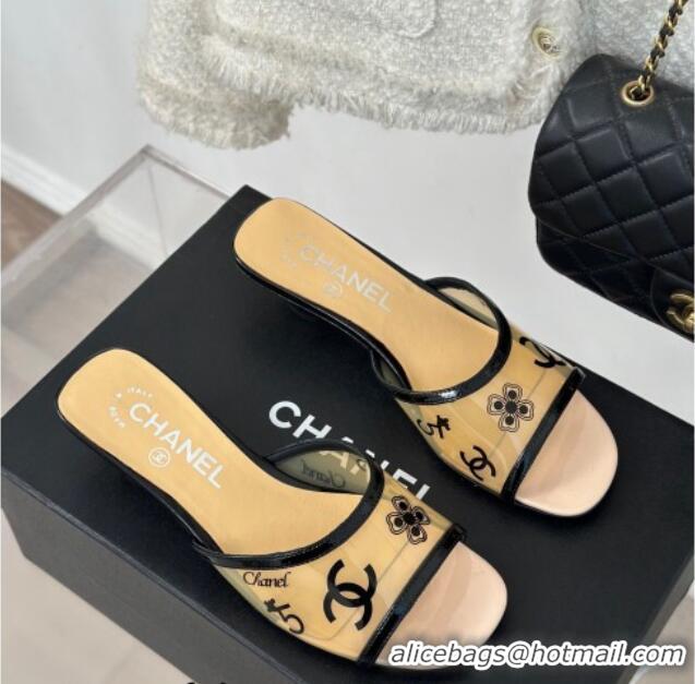 Most Popular Chanel Logo Printed PVC Heel Slide Sandals Beige 126124