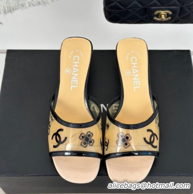 Most Popular Chanel Logo Printed PVC Heel Slide Sandals Beige 126124