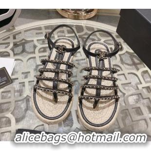 Pretty Style Chanel Lambskin Flat Sandals with Chain Black 0126128