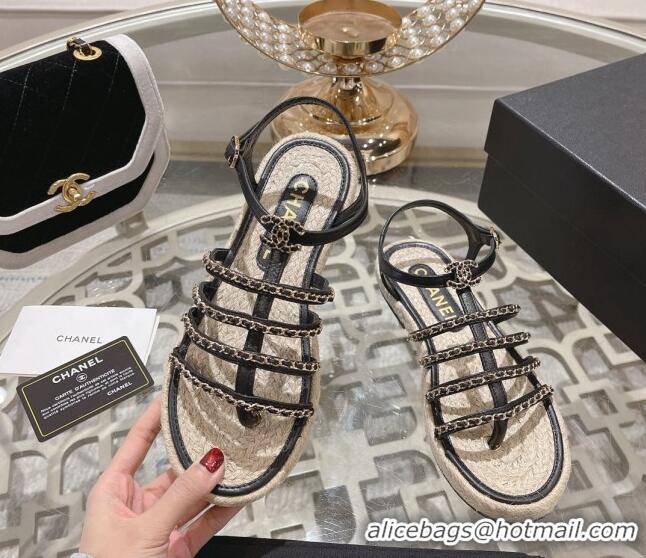 Pretty Style Chanel Lambskin Flat Sandals with Chain Black 0126128