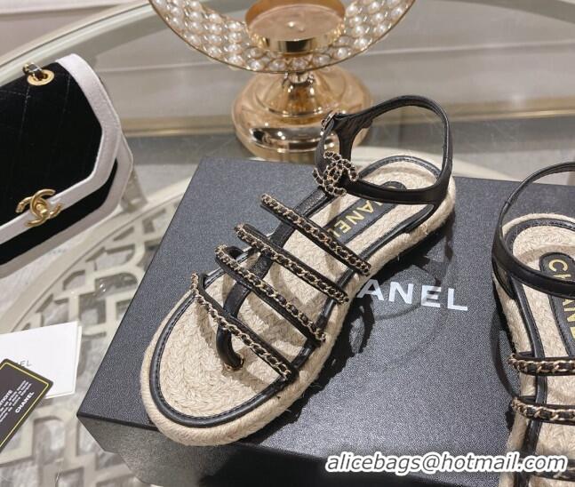 Pretty Style Chanel Lambskin Flat Sandals with Chain Black 0126128