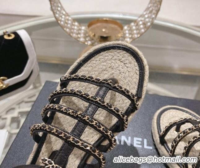 Pretty Style Chanel Lambskin Flat Sandals with Chain Black 0126128