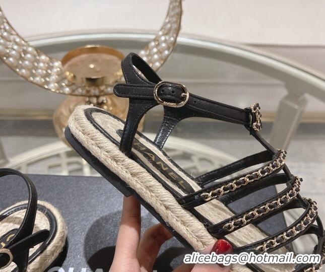 Pretty Style Chanel Lambskin Flat Sandals with Chain Black 0126128