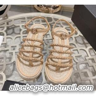 Stylish Chanel Lambskin Flat Sandals with Chain Beige 126129