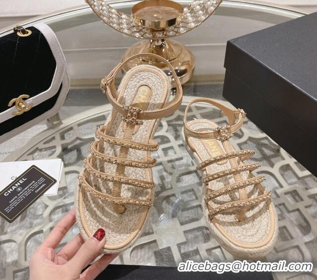 Stylish Chanel Lambskin Flat Sandals with Chain Beige 126129