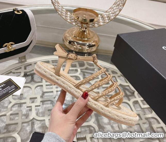 Stylish Chanel Lambskin Flat Sandals with Chain Beige 126129