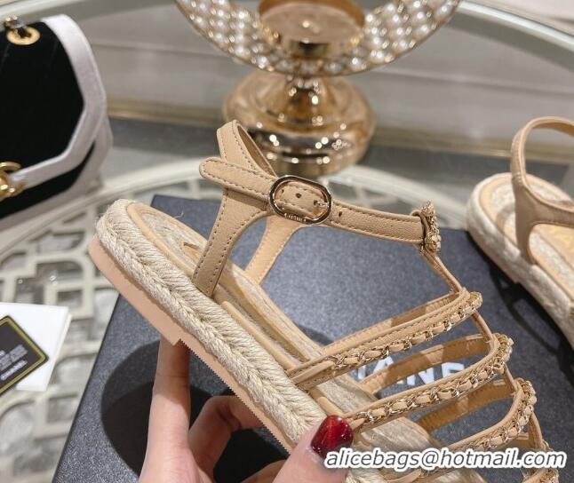 Stylish Chanel Lambskin Flat Sandals with Chain Beige 126129