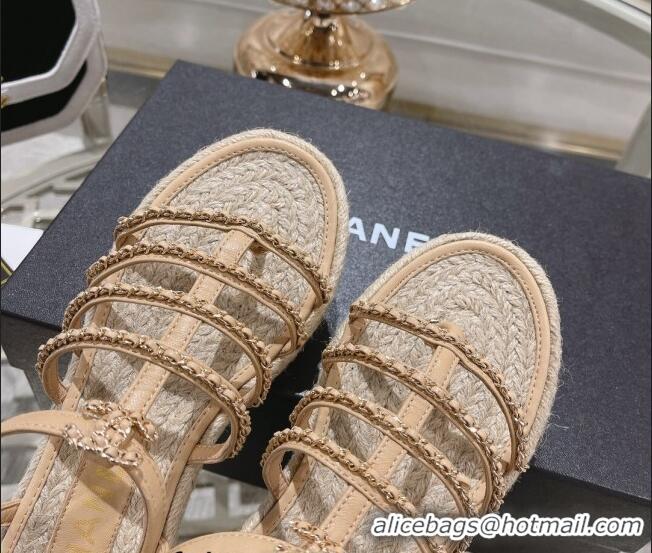 Stylish Chanel Lambskin Flat Sandals with Chain Beige 126129