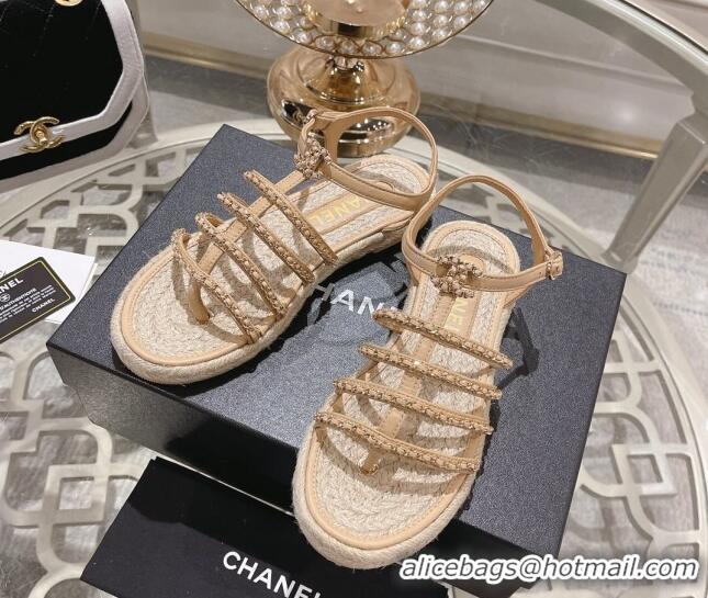 Stylish Chanel Lambskin Flat Sandals with Chain Beige 126129