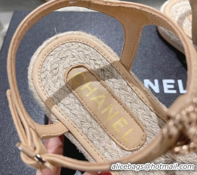 Stylish Chanel Lambskin Flat Sandals with Chain Beige 126129