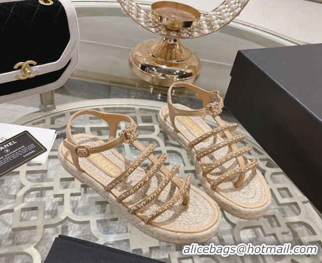 Stylish Chanel Lambskin Flat Sandals with Chain Beige 126129