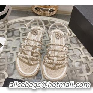 Best Grade Chanel Lambskin Flat Sandals with Chain White 126130