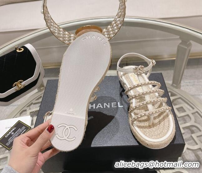 Best Grade Chanel Lambskin Flat Sandals with Chain White 126130