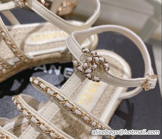 Best Grade Chanel Lambskin Flat Sandals with Chain White 126130