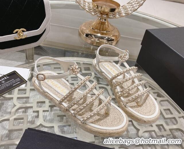 Best Grade Chanel Lambskin Flat Sandals with Chain White 126130