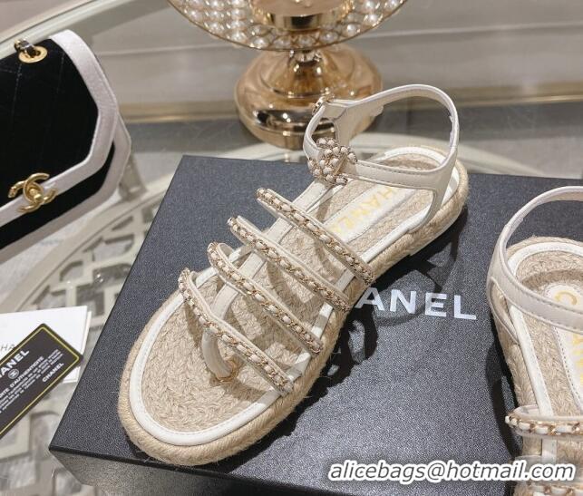 Best Grade Chanel Lambskin Flat Sandals with Chain White 126130