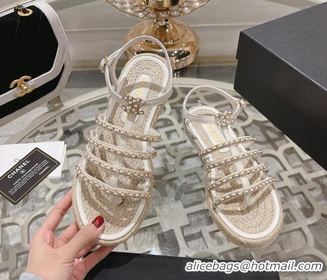 Best Grade Chanel Lambskin Flat Sandals with Chain White 126130